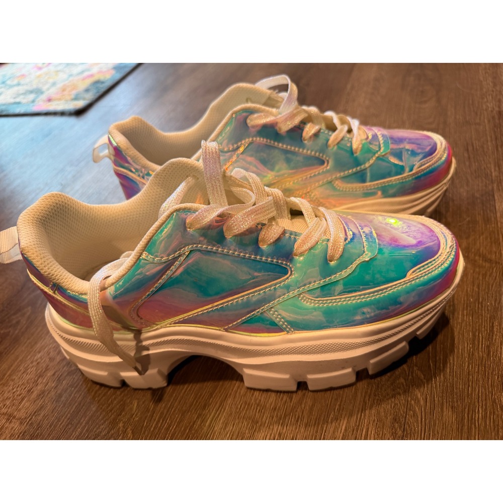 Lucky Step Iridescent Holographic Chunky Platform Sneakers Pink Blue Women 11